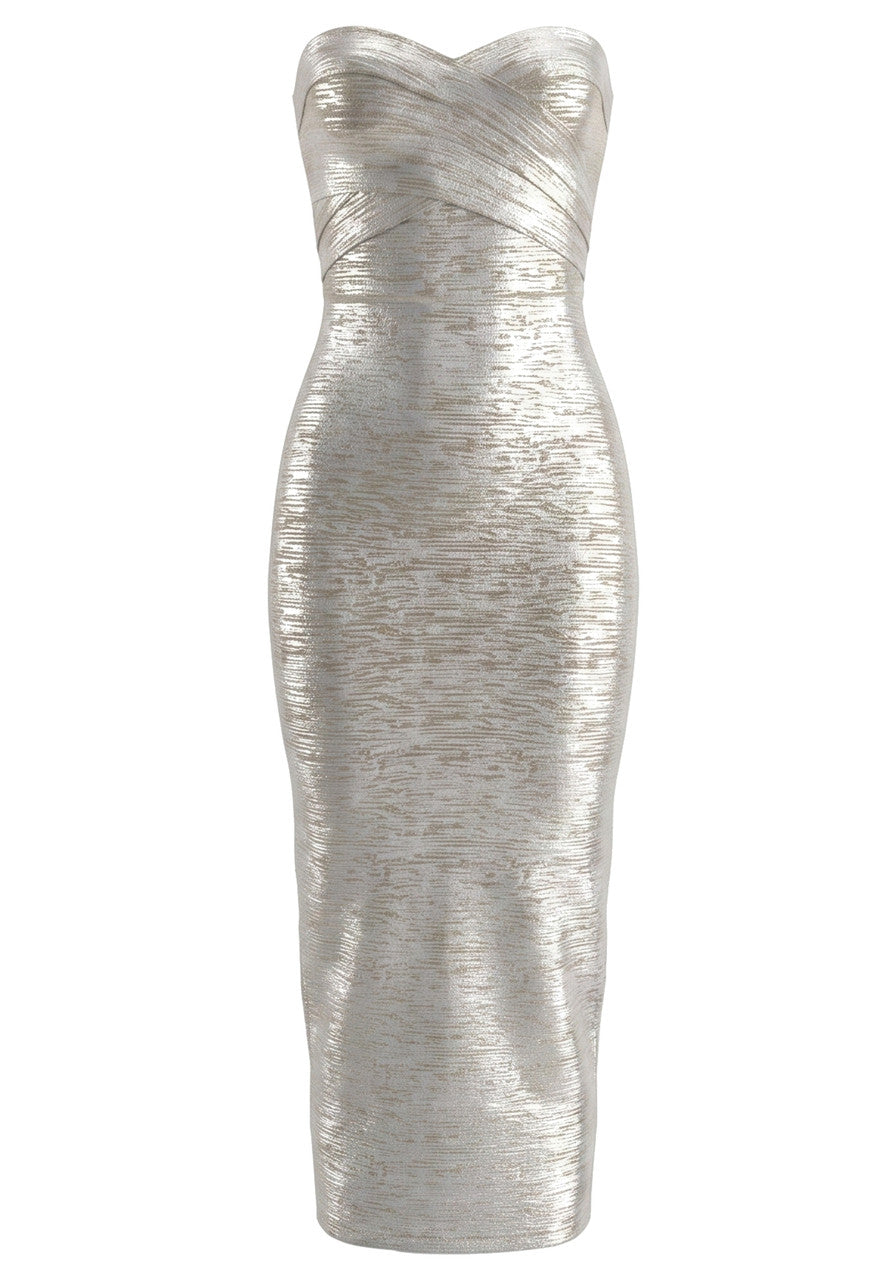 Strapless Woodgrain Foil Print Midi Dress Silver HV3069