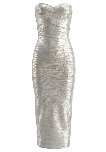 Strapless Woodgrain Foil Print Midi Dress Silver HV3069