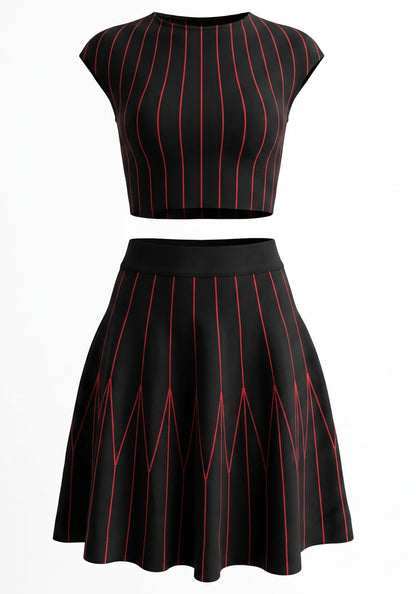 Striped A Line Two Piece Dress Black Red HV3096