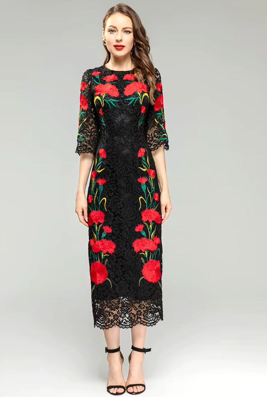 Three Quarter Sleeve Floral Midi Dress Black