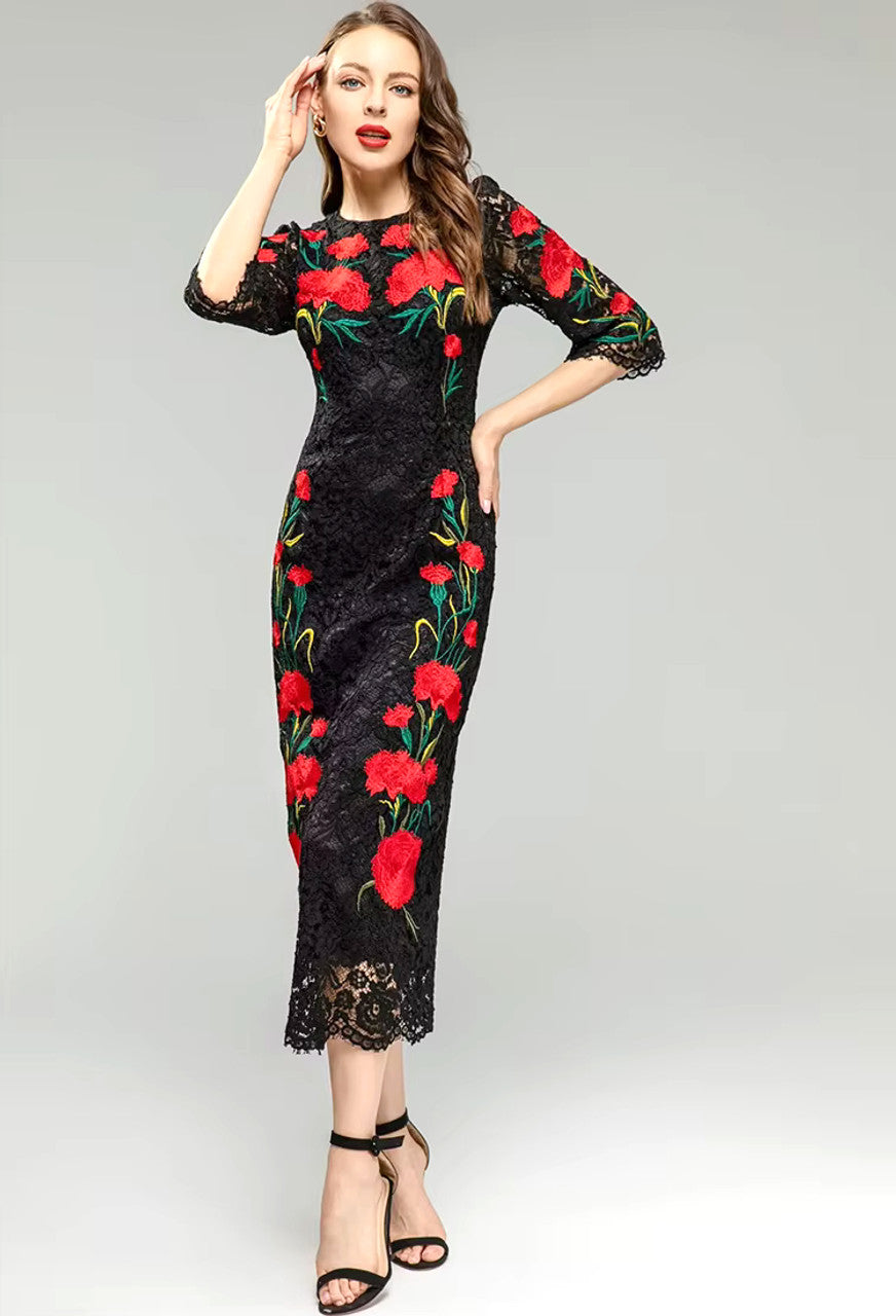 Three Quarter Sleeve Floral Midi Dress Black