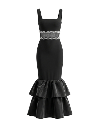 Crystal Mesh Ruffle Maxi Dress Black HV2978