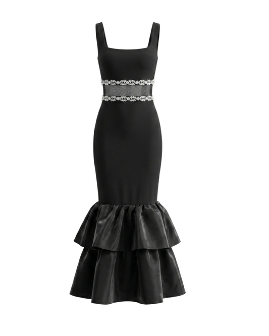 Crystal Mesh Ruffle Maxi Dress Black HV2978