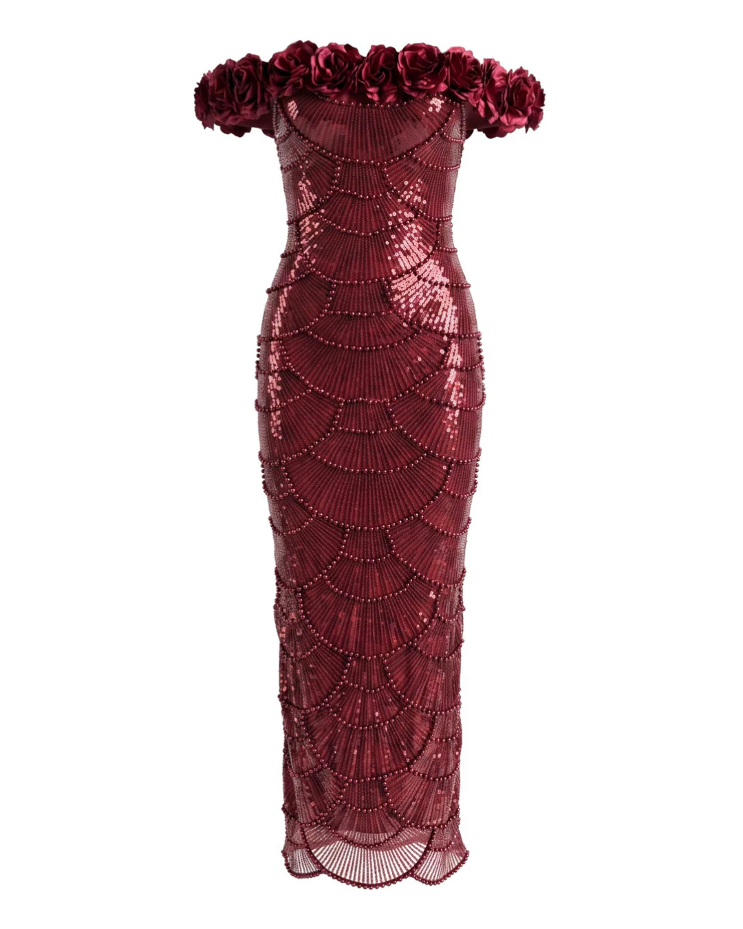 Floral Bardot Sequin Maxi Dress Burgundy HV3095