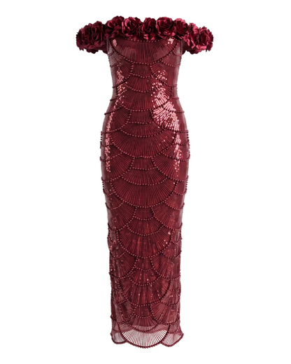 Floral Bardot Sequin Maxi Dress Burgundy HV3095