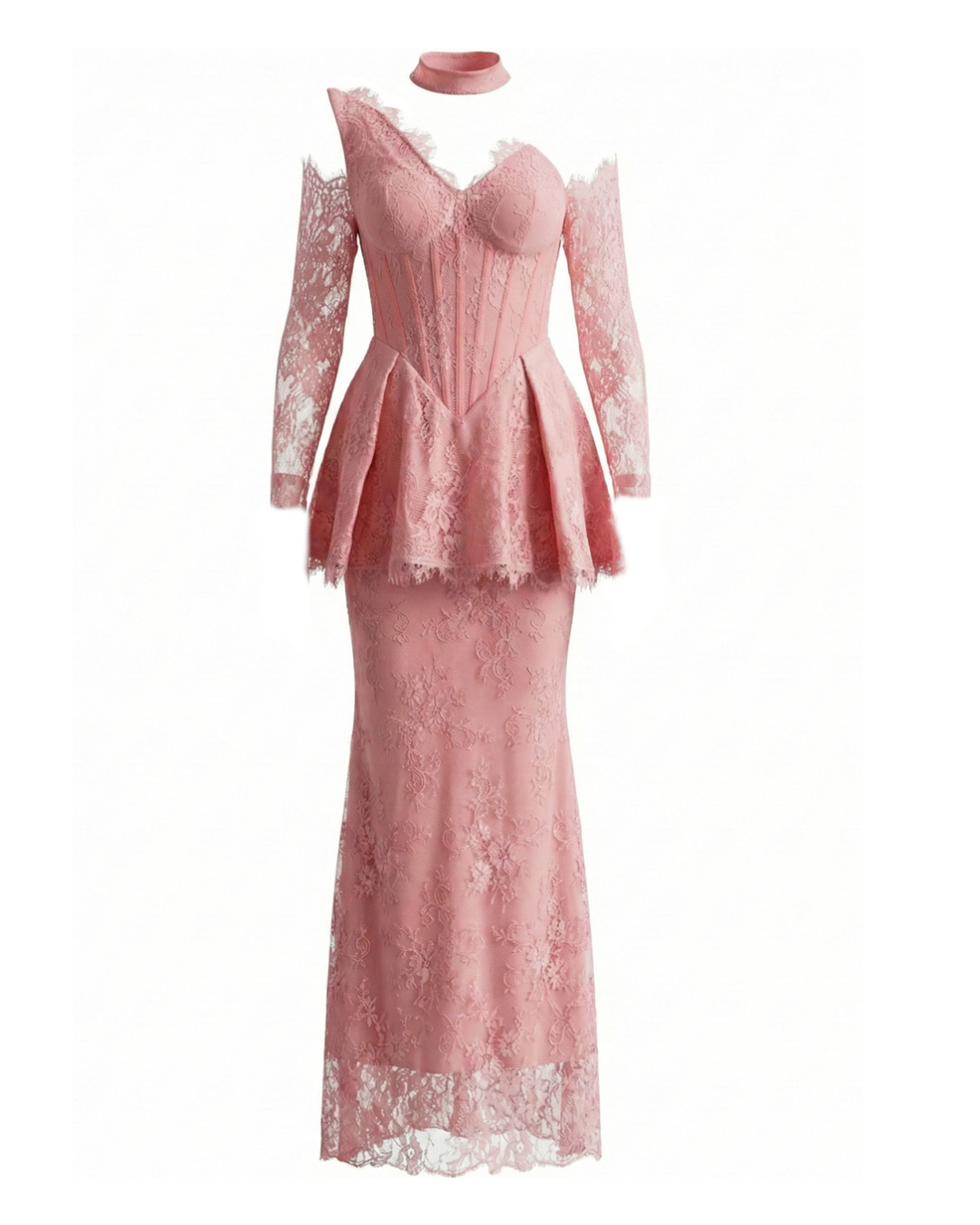 One Shoulder Lace Peplum Maxi Dress Pink HV2773