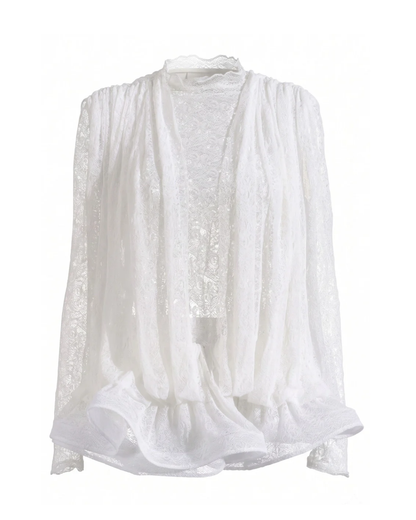 Long Sleeve Draped Lace Ruffle Dress White HV3119