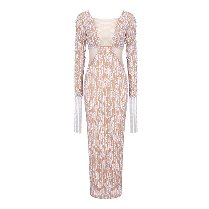 Long Sleeve Pearl Sequin Maxi Dress White Nude