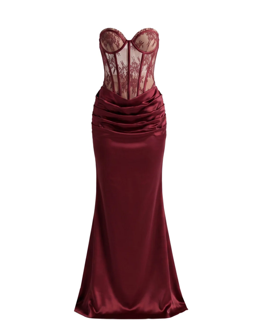 Strapless Lace Bustier Maxi Dress Burgundy HV3153