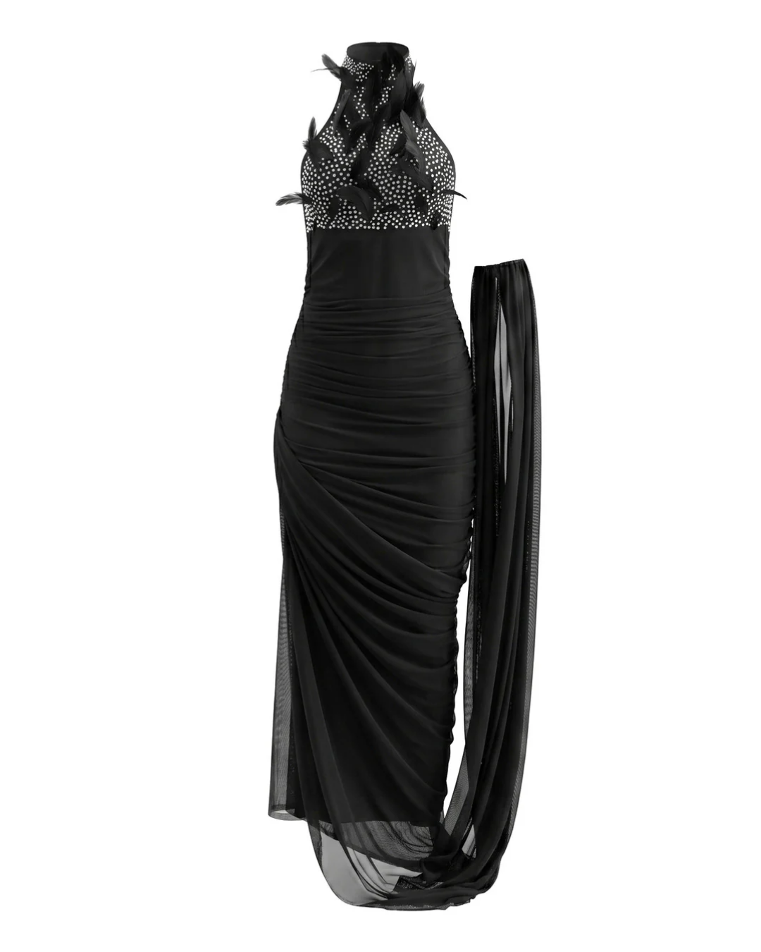 Halter Crystal Feather Draped Mesh Maxi Dress Black HV3081