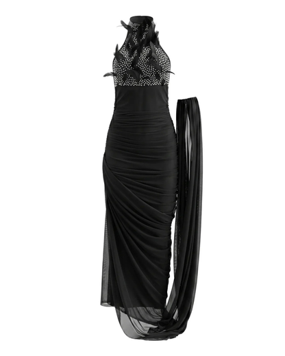 Halter Crystal Feather Draped Mesh Maxi Dress Black HV3081