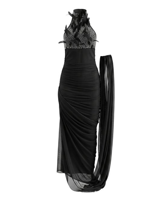 Halter Crystal Feather Draped Mesh Maxi Dress Black HV3081