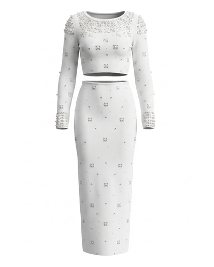 Long Sleeve Crystal Embellished Two Piece Maxi Dress White HV3098