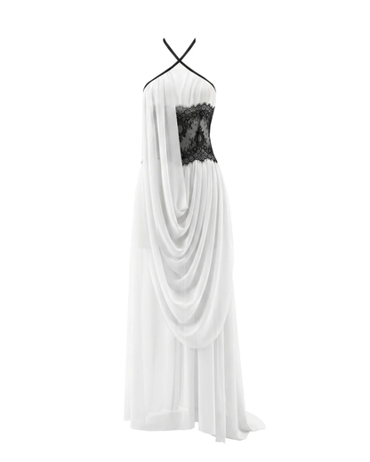 Halter Lace Insert Draped Maxi Dress White Black HV3151