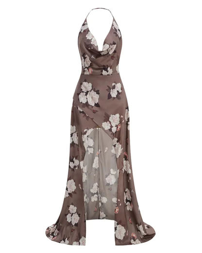 Halter Floral Maxi Dress Brown HV3086