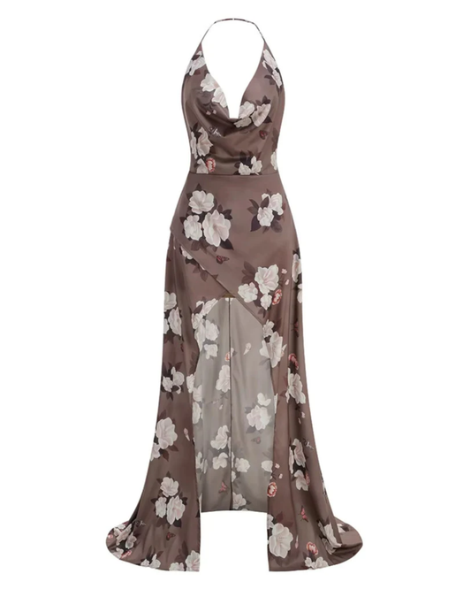 Halter Floral Maxi Dress Brown HV3086