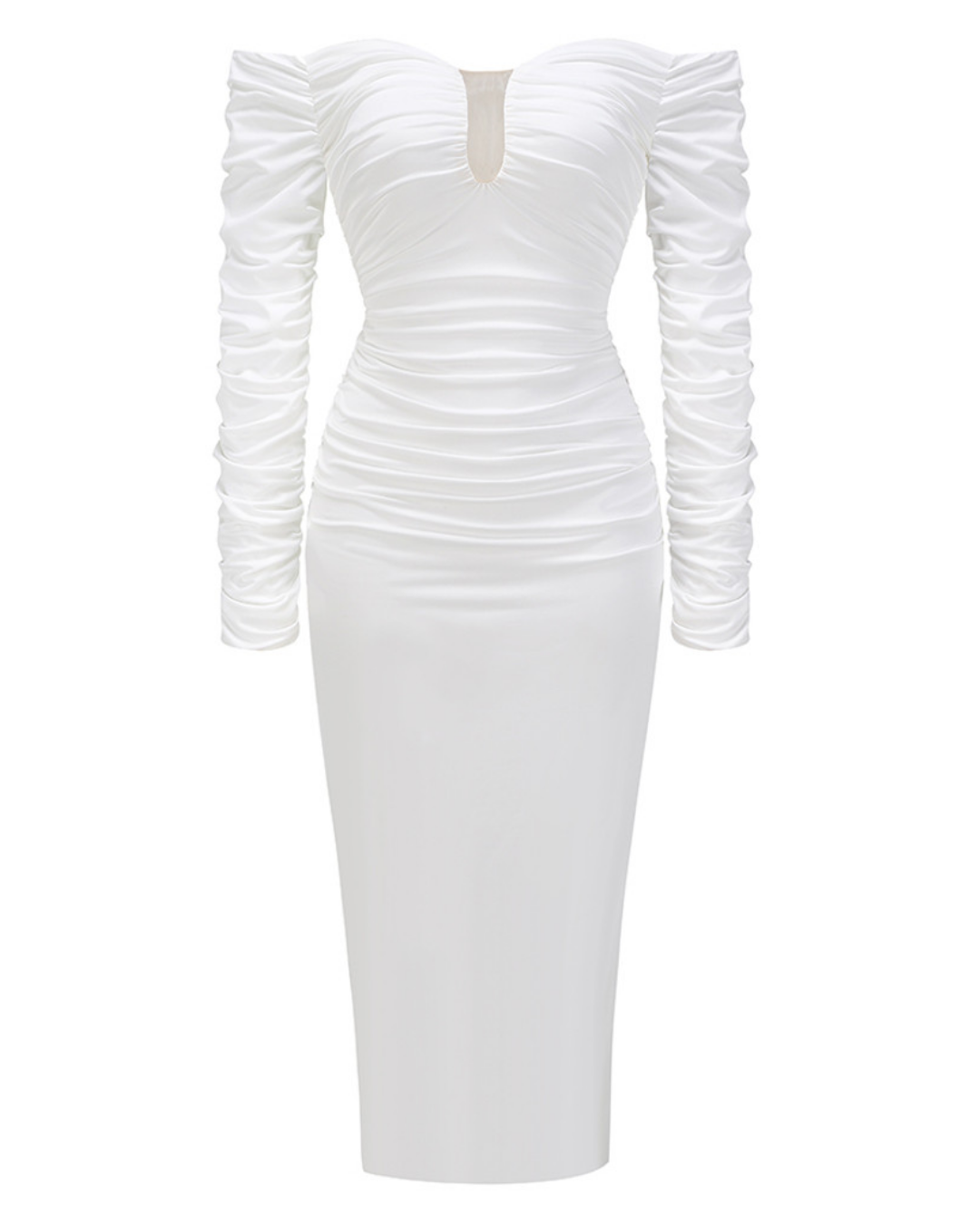 Long Sleeve Bardot Draped Midi Dress White HV3068