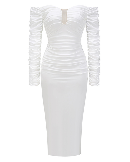 Long Sleeve Bardot Draped Midi Dress White HV3068