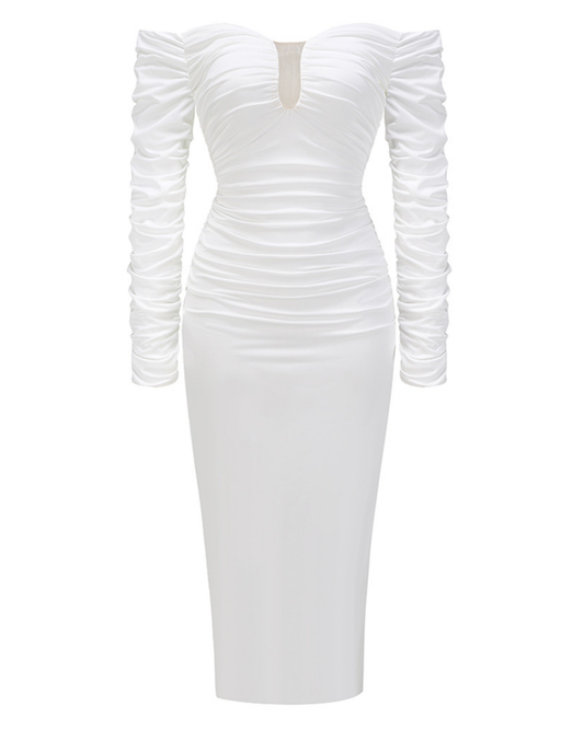 Long Sleeve Bardot Draped Midi Dress White HV3068