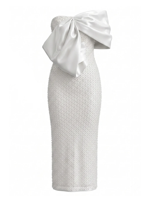 Draped Bardot Pearl Embellished Maxi Dress White HV3162