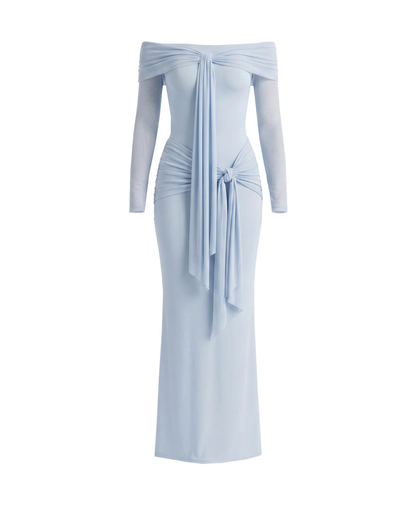 Long Sleeve Draped Bardot Maxi Dress Blue HV3089