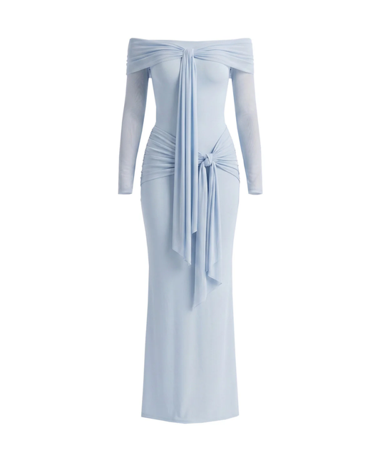 Long Sleeve Draped Bardot Maxi Dress Blue HV3089