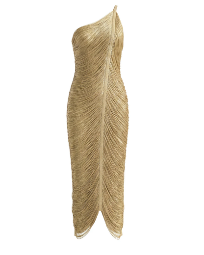 One Shoulder Tassel Detail Midi Dress Gold HV3019