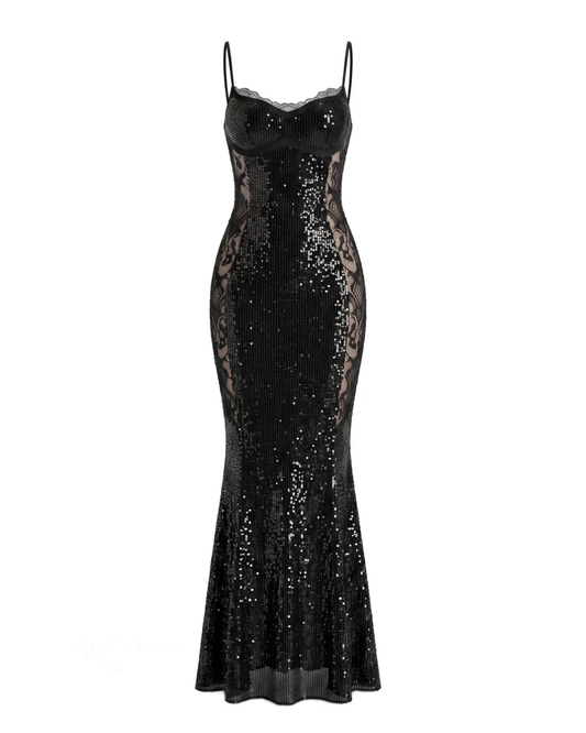Lace Insert Sparkly Maxi Dress Black HV3106