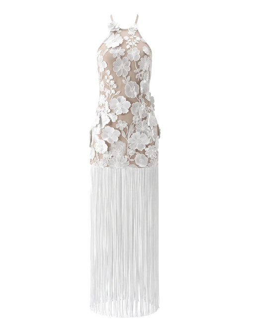 Halter Floral Tassel Maxi Dress White HV3127