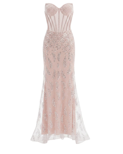 Strapless Sequin Pearl Corset Maxi Dress Nude Pink HV3017