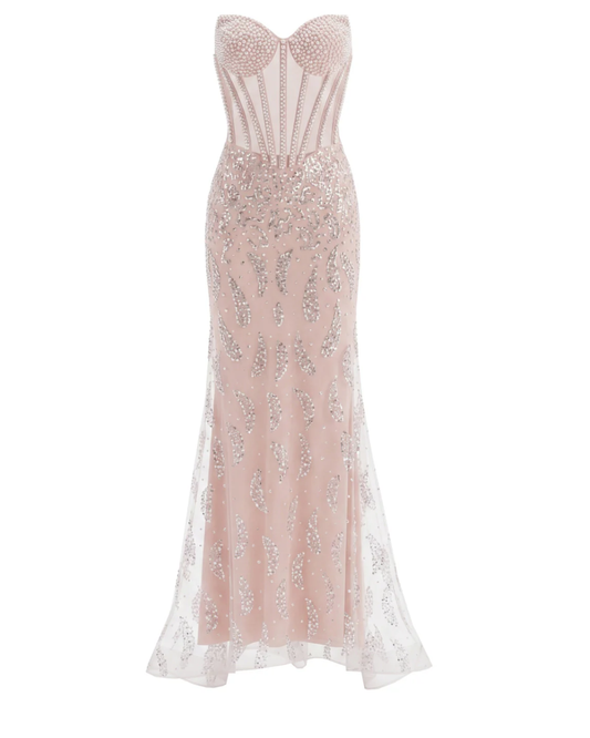 Strapless Sequin Pearl Corset Maxi Dress Nude Pink HV3017