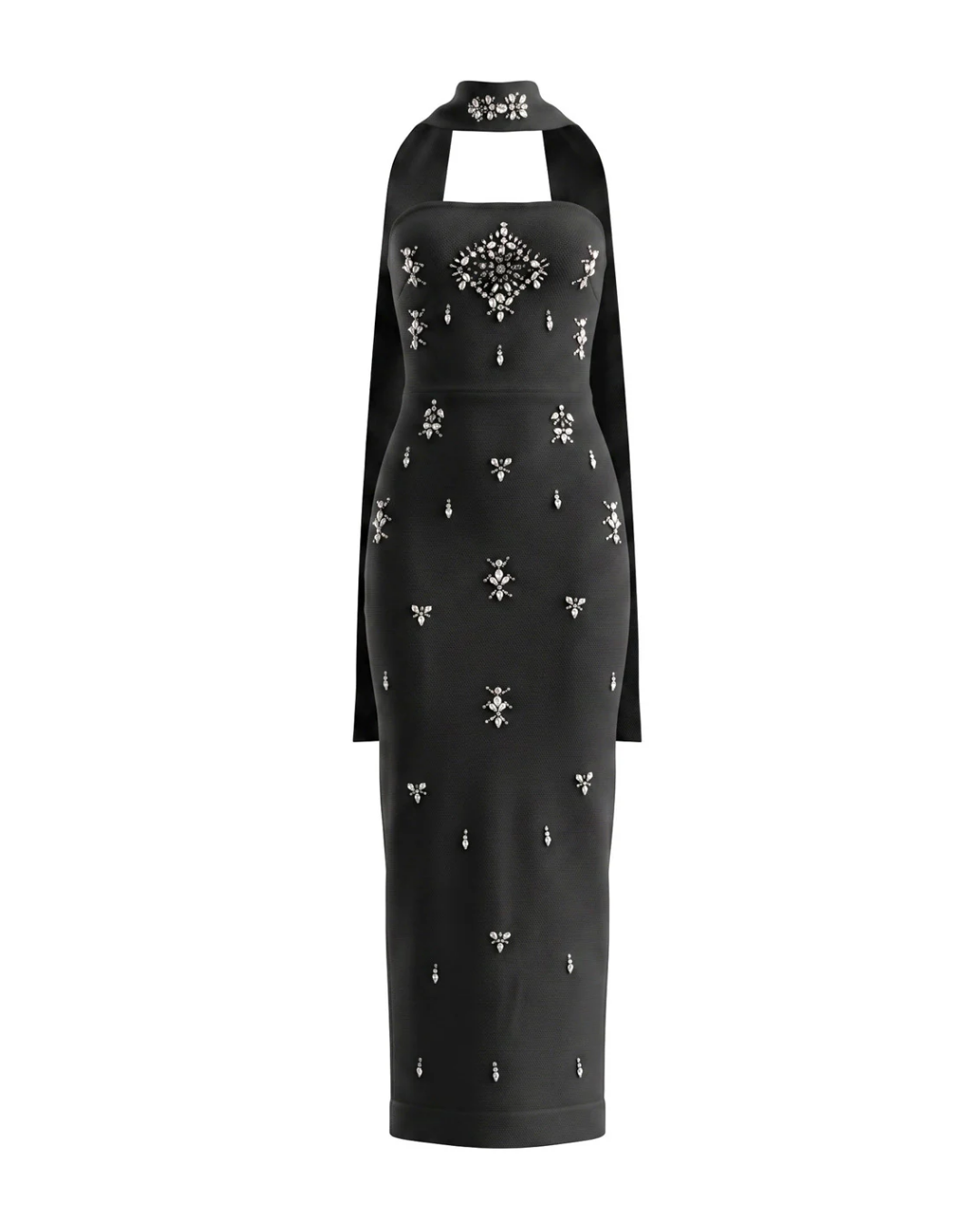 Strapless Crystal Scarf Maxi Dress Black HV3093