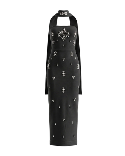 Strapless Crystal Scarf Maxi Dress Black HV3093