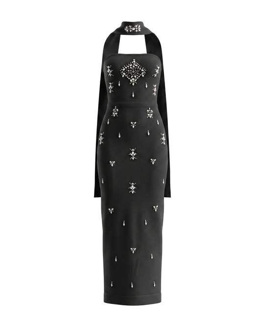 Strapless Crystal Scarf Maxi Dress Black HV3093