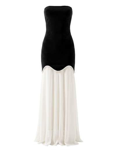 Strapless Pearl Detail A Line Maxi Dress Black White HV2992