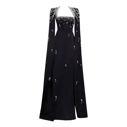 Cape Sleeve Crystal Pearl Maxi Dress Black