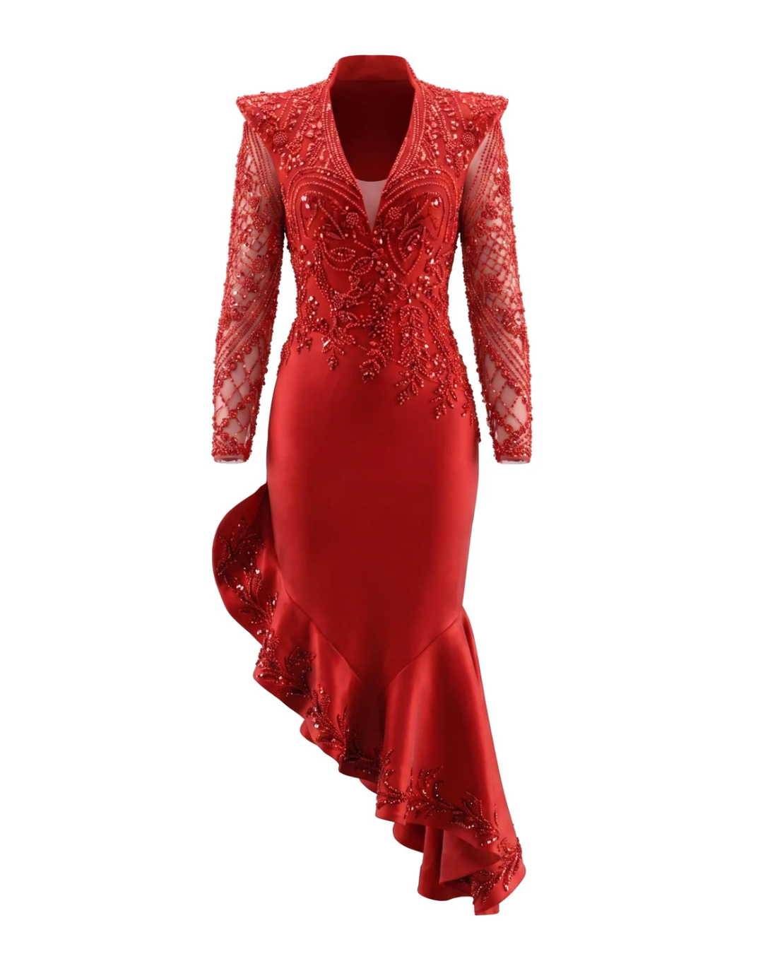Long Sleeve Sequin Ruffle Midi Dress Red HV3016