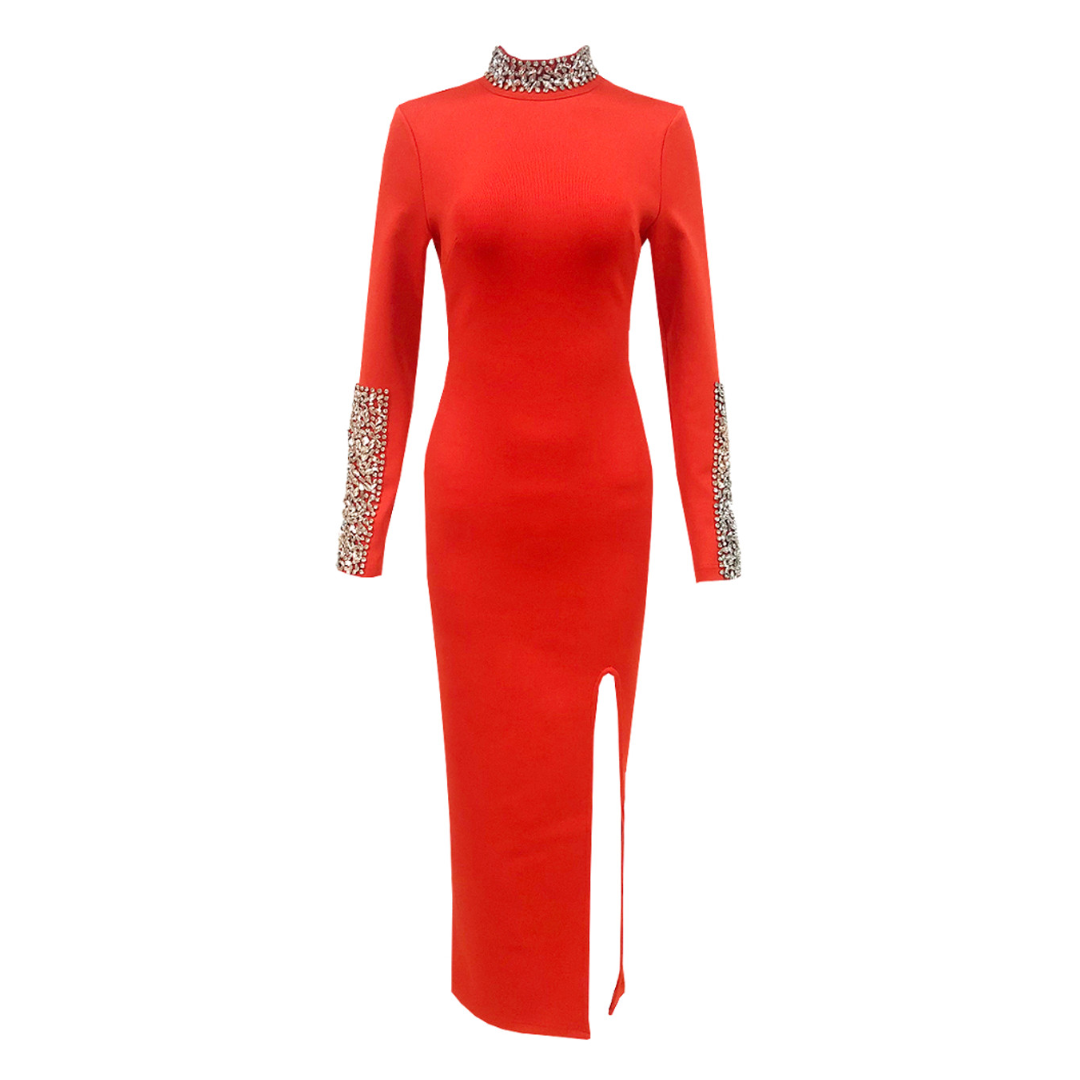 Long Sleeve Crystal Detail Midi Dress Red  HV1687