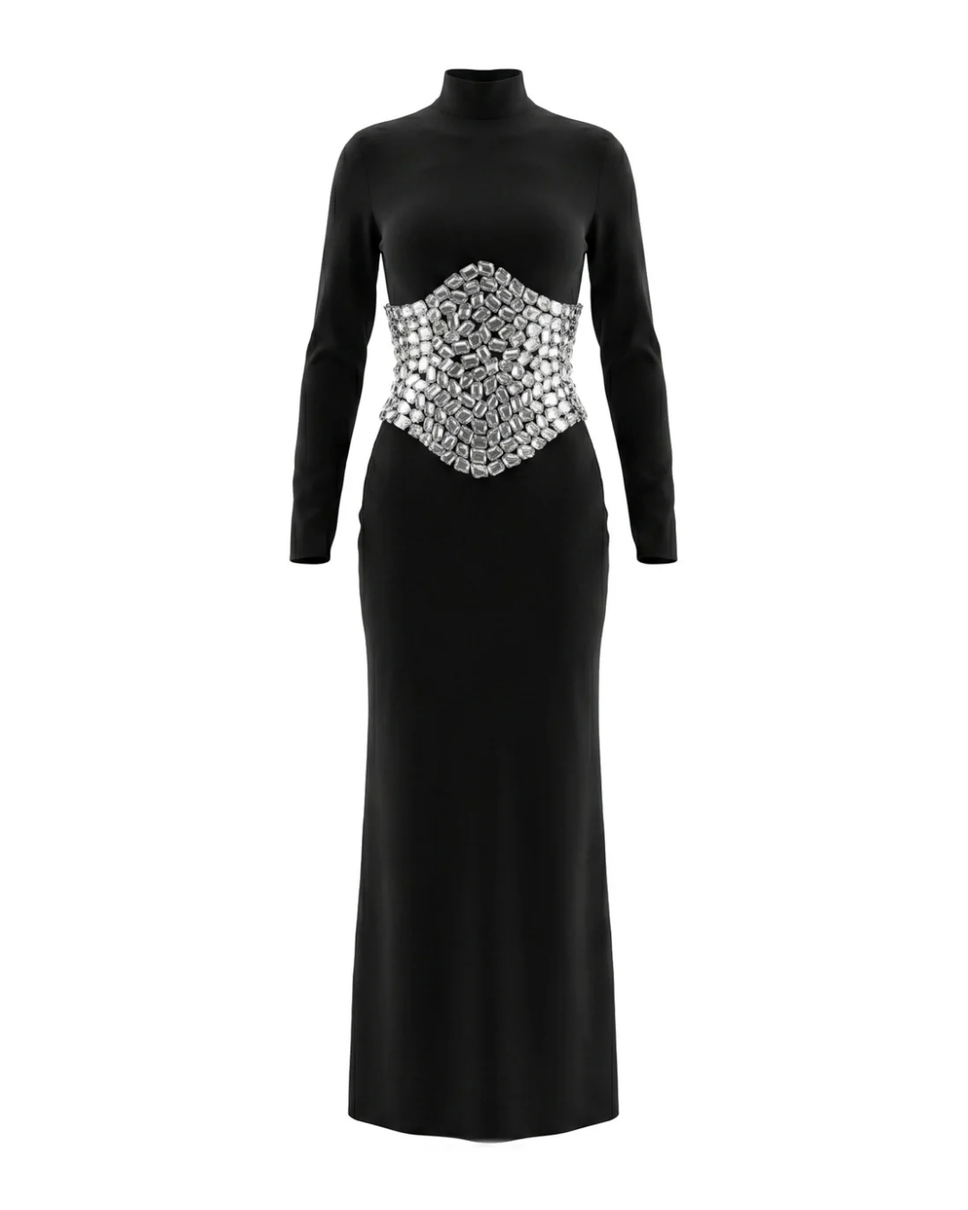 Long Sleeve Crystal Waist Maxi Dress Black HV3046