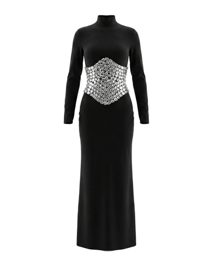 Long Sleeve Crystal Waist Maxi Dress Black HV3046