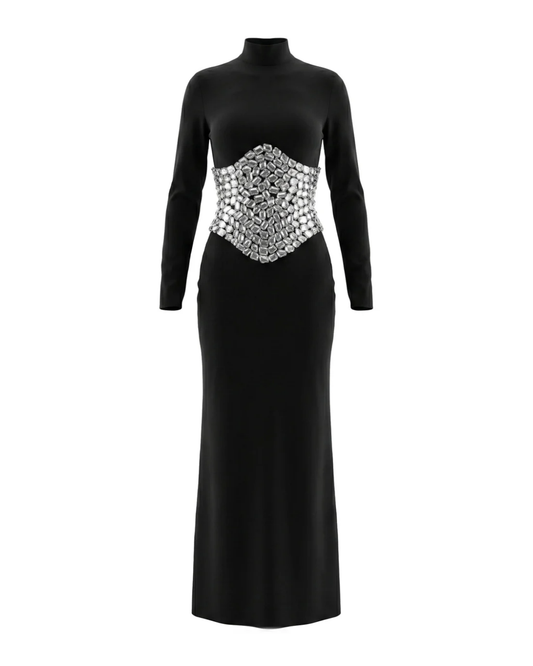 Long Sleeve Crystal Waist Maxi Dress Black HV3046