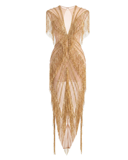 Crystal Tassel Mesh Maxi Dress Gold HV3091