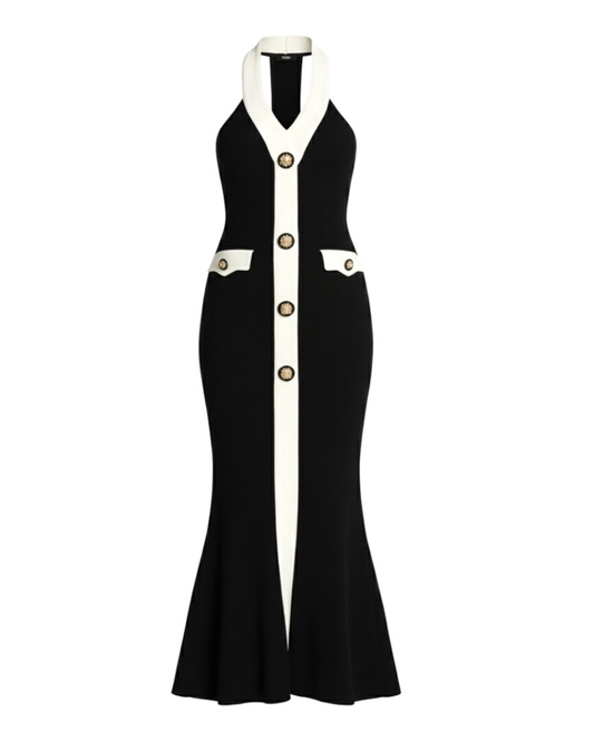Halter Button Detail Maxi Dress Black White HV2737