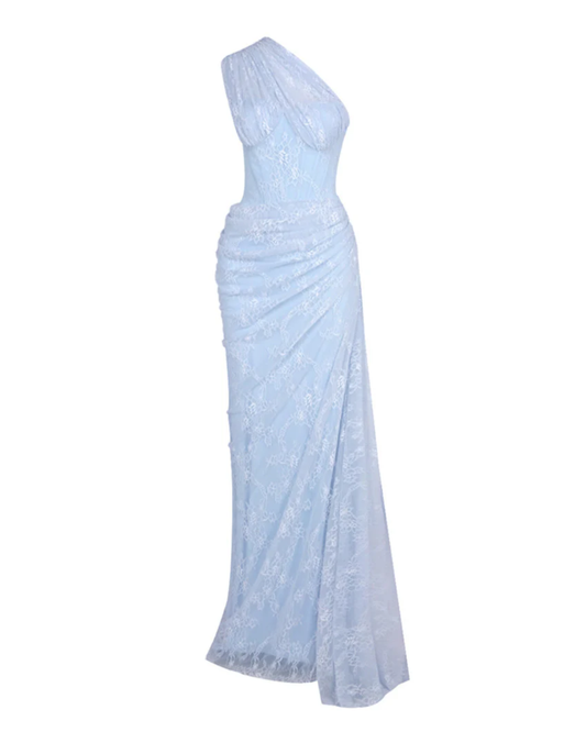 One Shoulder Draped Lace Maxi Dress Light Blue HV2677