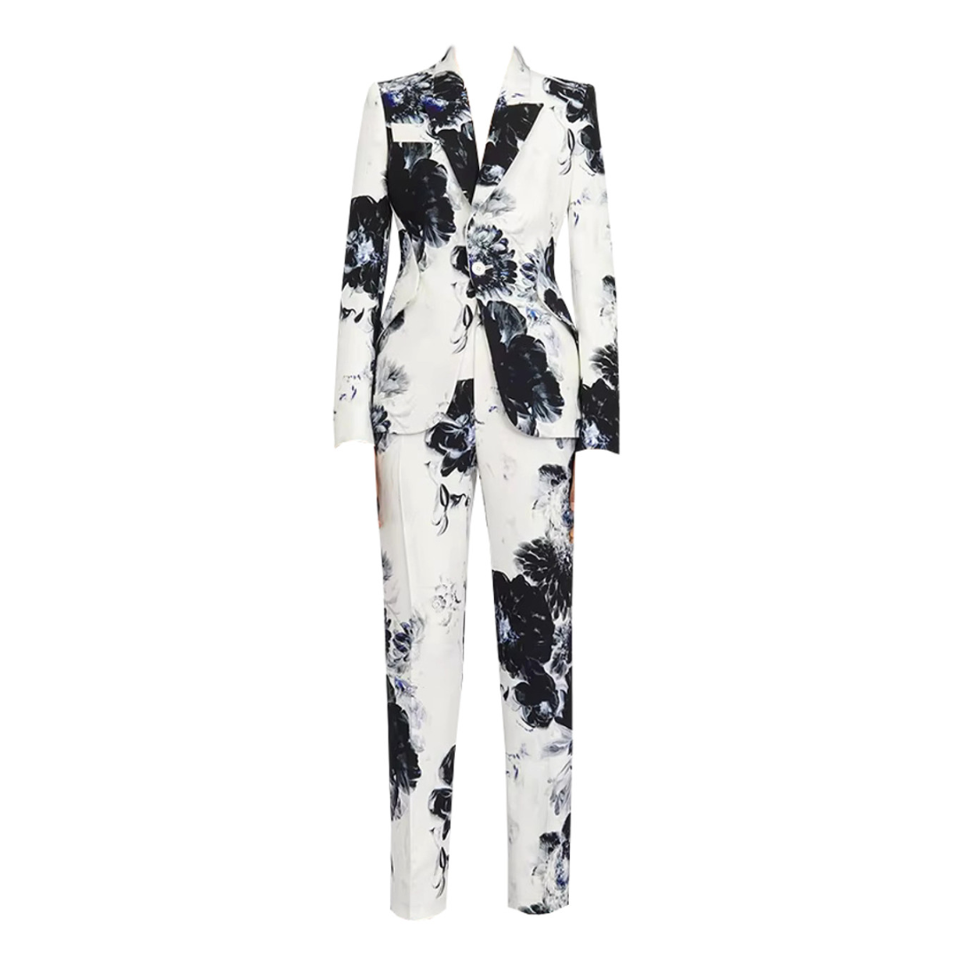 Long Sleeve Floral Suit White