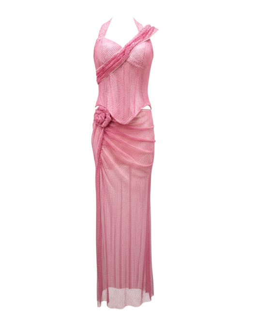 Halter Sparkly Two Piece Maxi Dress Pink HV2714