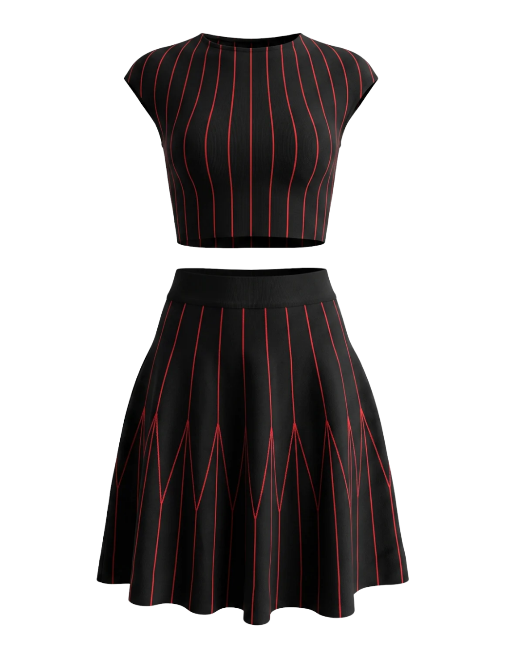 Striped A Line Two Piece Dress Black Red HV3096