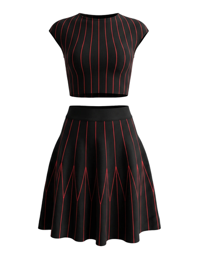 Striped A Line Two Piece Dress Black Red HV3096