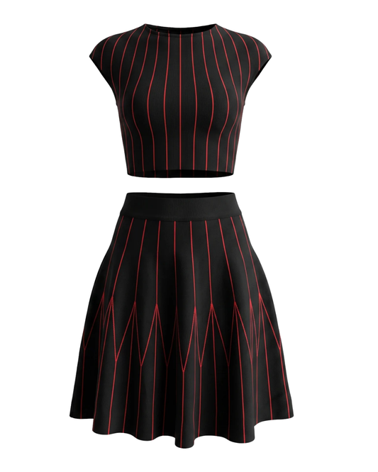 Striped A Line Two Piece Dress Black Red HV3096