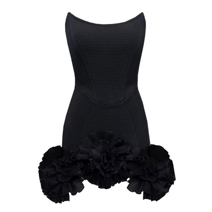 Strapless Floral Ruffle Dress Black